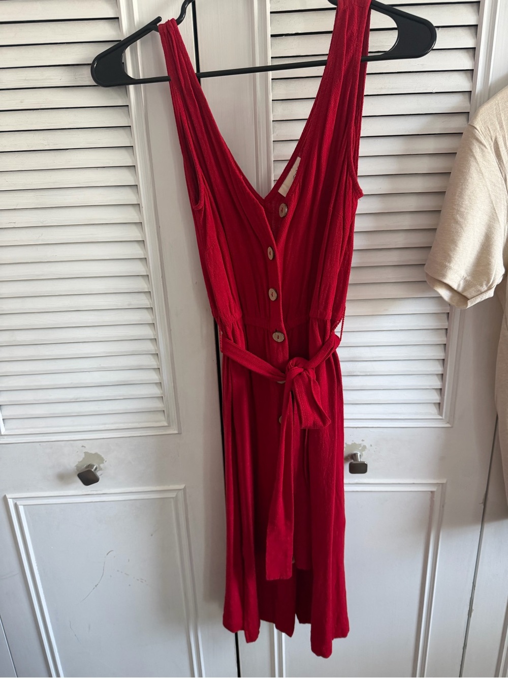 Red Button-Front Sleeveless Dress with Waist Tie